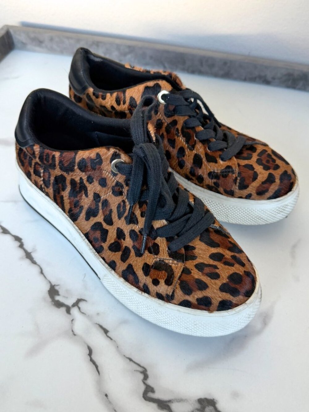 Arezzo Leopard Print Calf Hair Platform Sneakers Size EU 39